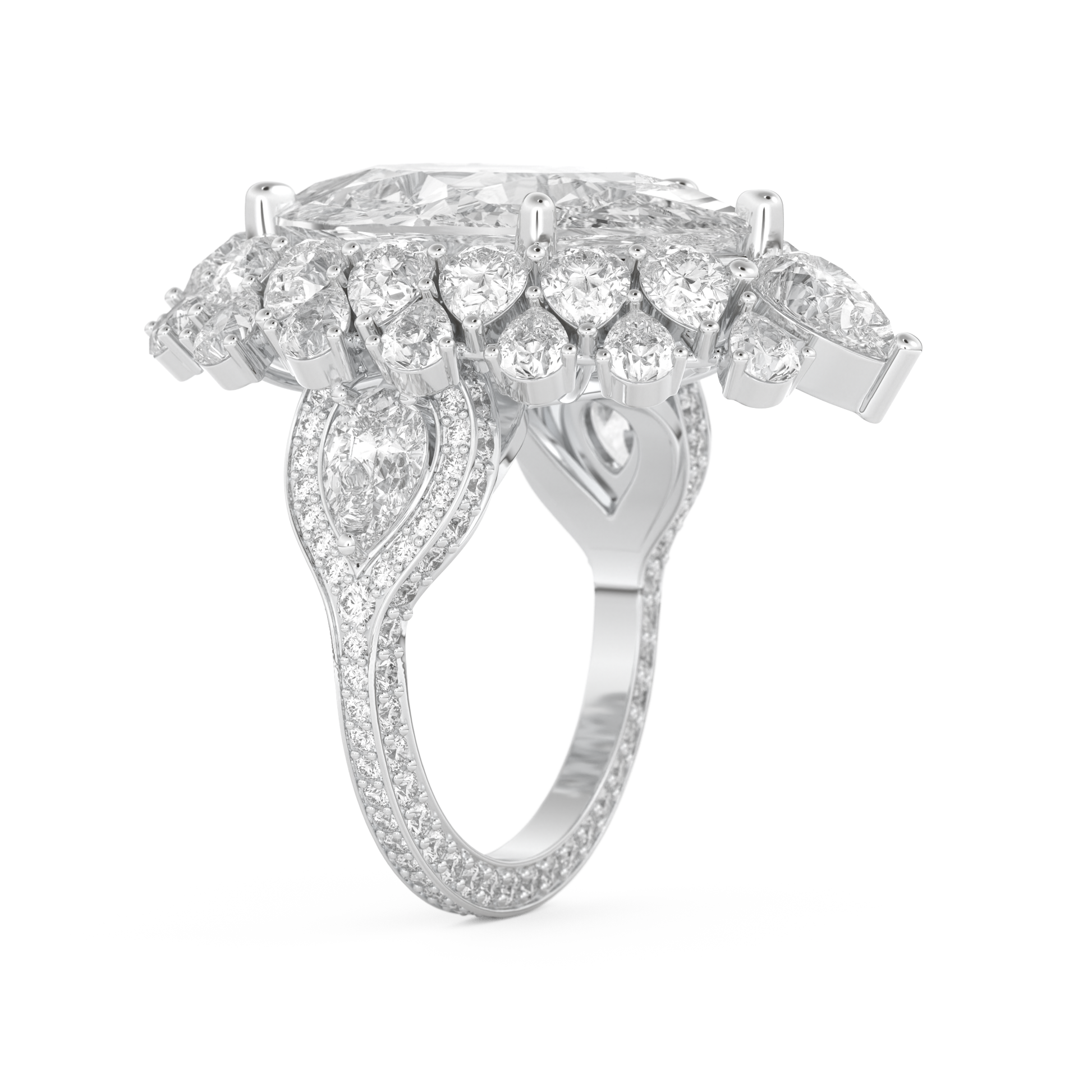 Elongated Pear Cut 7.97 Carat Moissanite Ring – Hidden Halo & Pave Setting in Gold