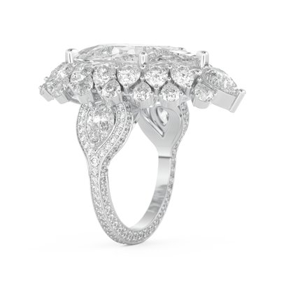 Elongated Pear Cut 7.97 Carat Moissanite Ring – Hidden Halo & Pave Setting in Gold