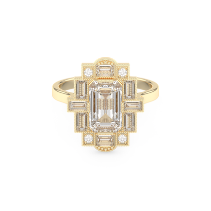 Elongated Emerald Cut 1.34 Carat Moissanite Ring – Halo Setting in Gold
