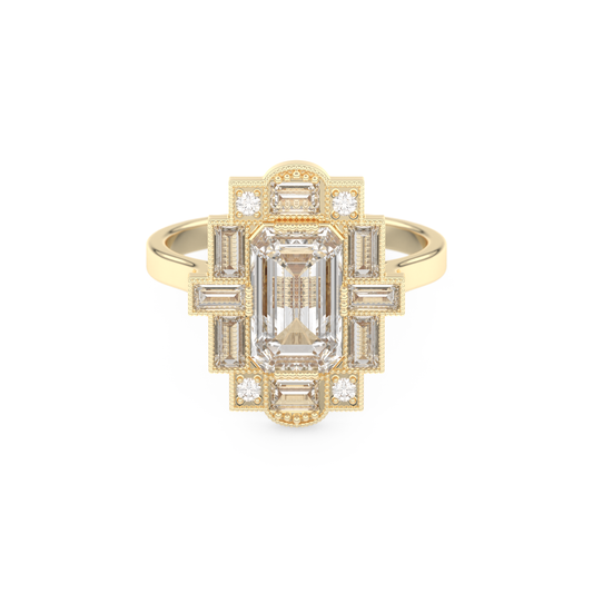 Elongated Emerald Cut 1.34 Carat Moissanite Ring – Halo Setting in Gold