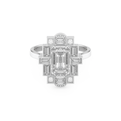Elongated Emerald Cut 1.34 Carat Moissanite Ring – Halo Setting in Gold