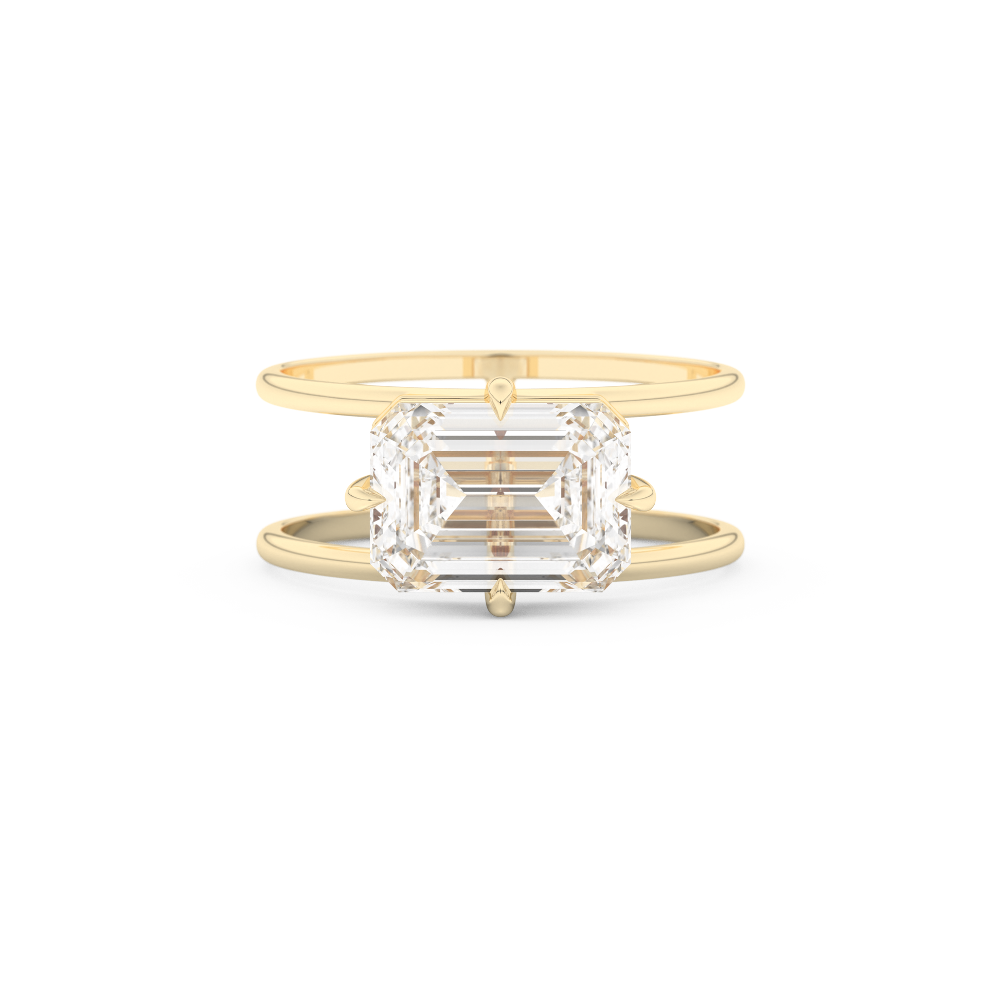 Elongated Emerald Cut 2.51 Carat Moissanite Ring – Solitaire & Double Shank Setting in Gold