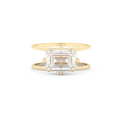 Elongated Emerald Cut 2.51 Carat Moissanite Ring – Solitaire & Double Shank Setting in Gold