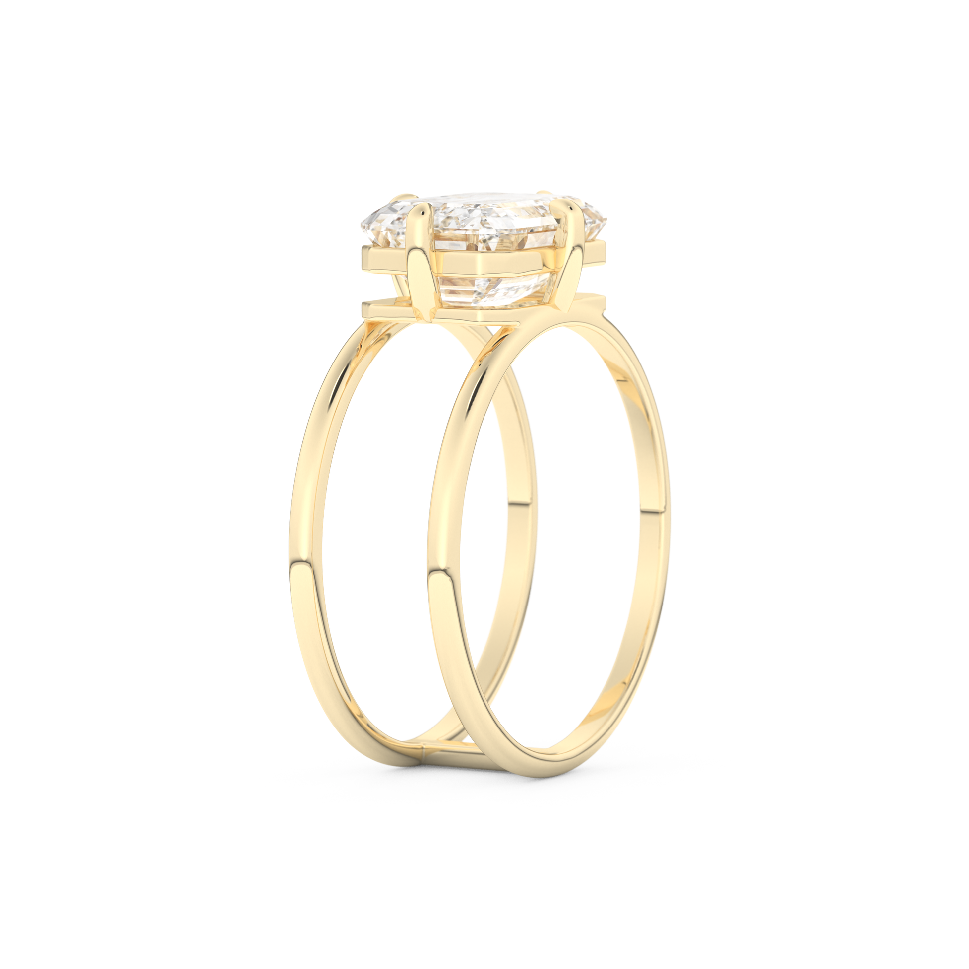 Elongated Emerald Cut 2.51 Carat Moissanite Ring – Solitaire & Double Shank Setting in Gold