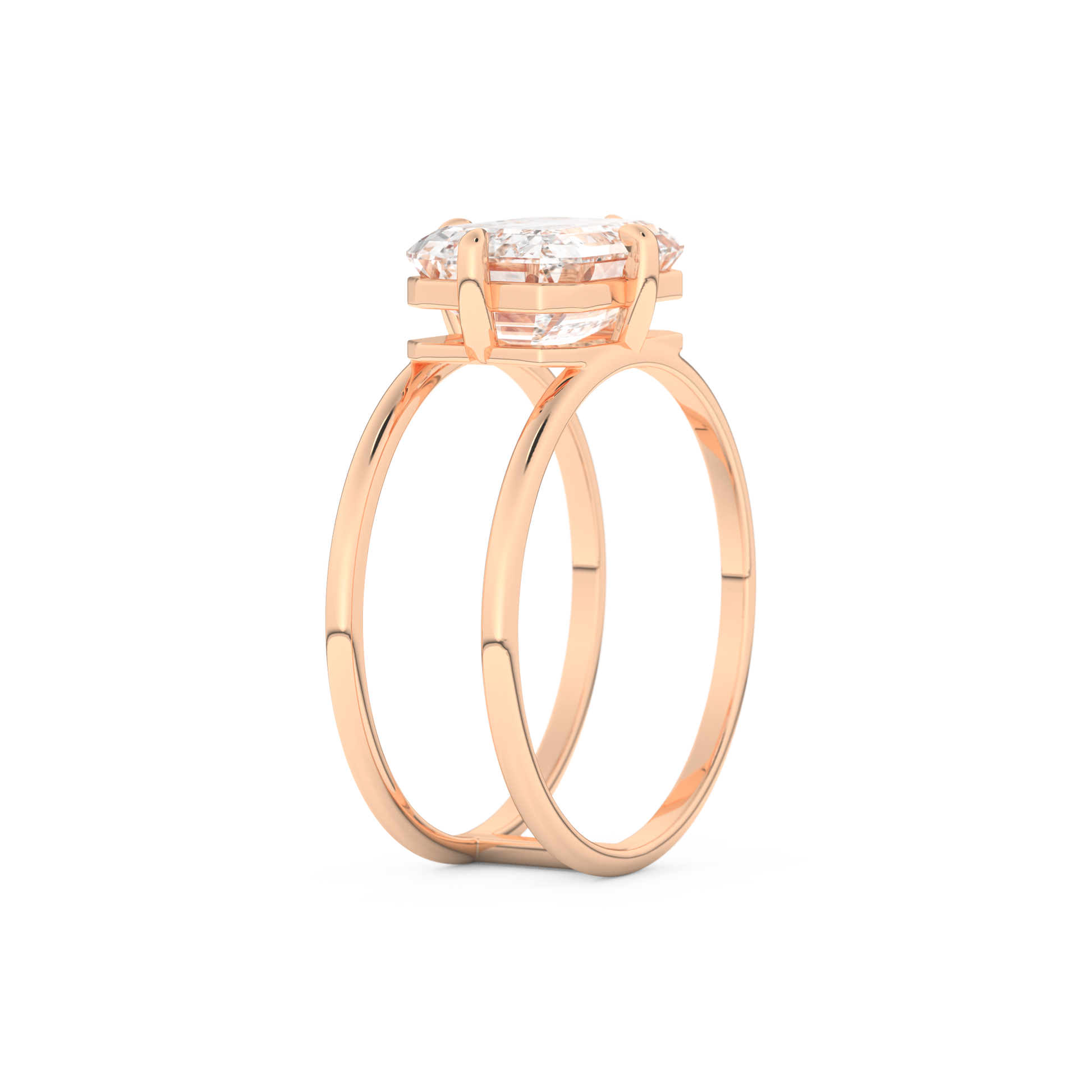 Elongated Emerald Cut 2.51 Carat Moissanite Ring – Solitaire & Double Shank Setting in Gold