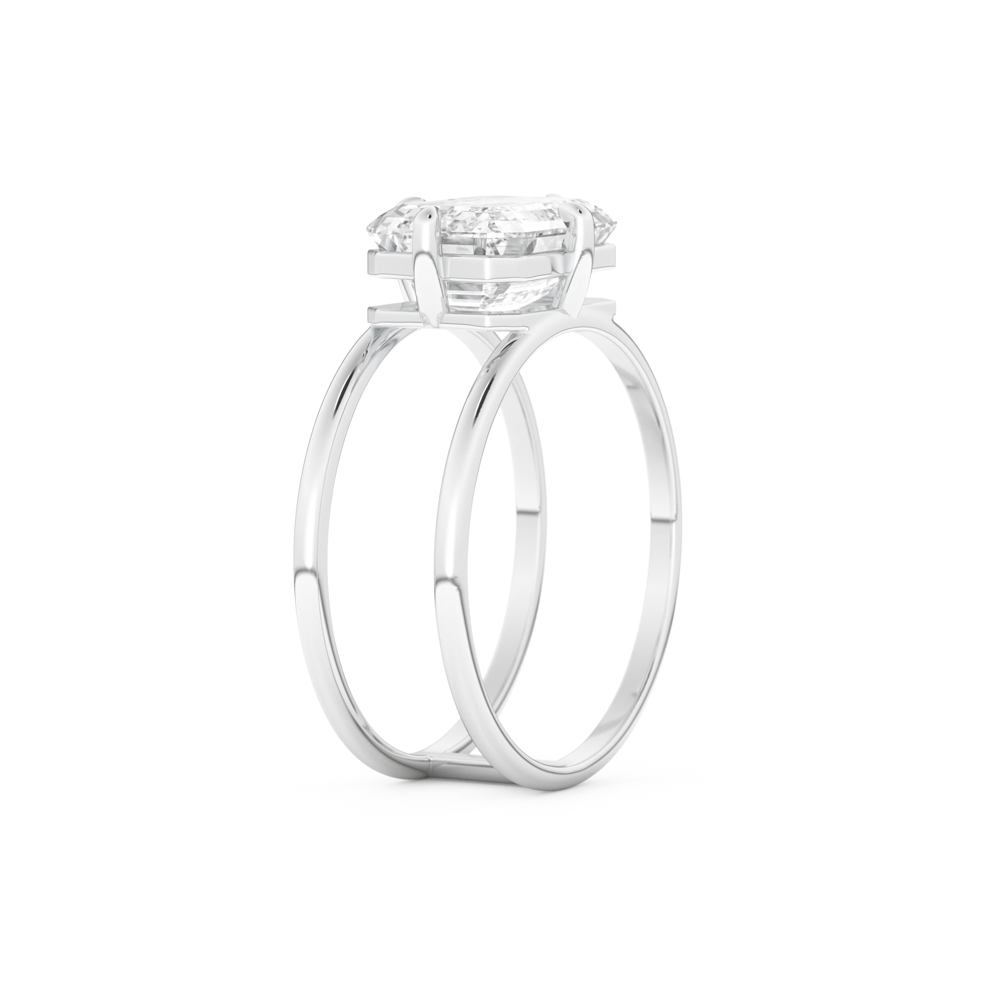 Elongated Emerald Cut 2.51 Carat Moissanite Ring – Solitaire & Double Shank Setting in Gold