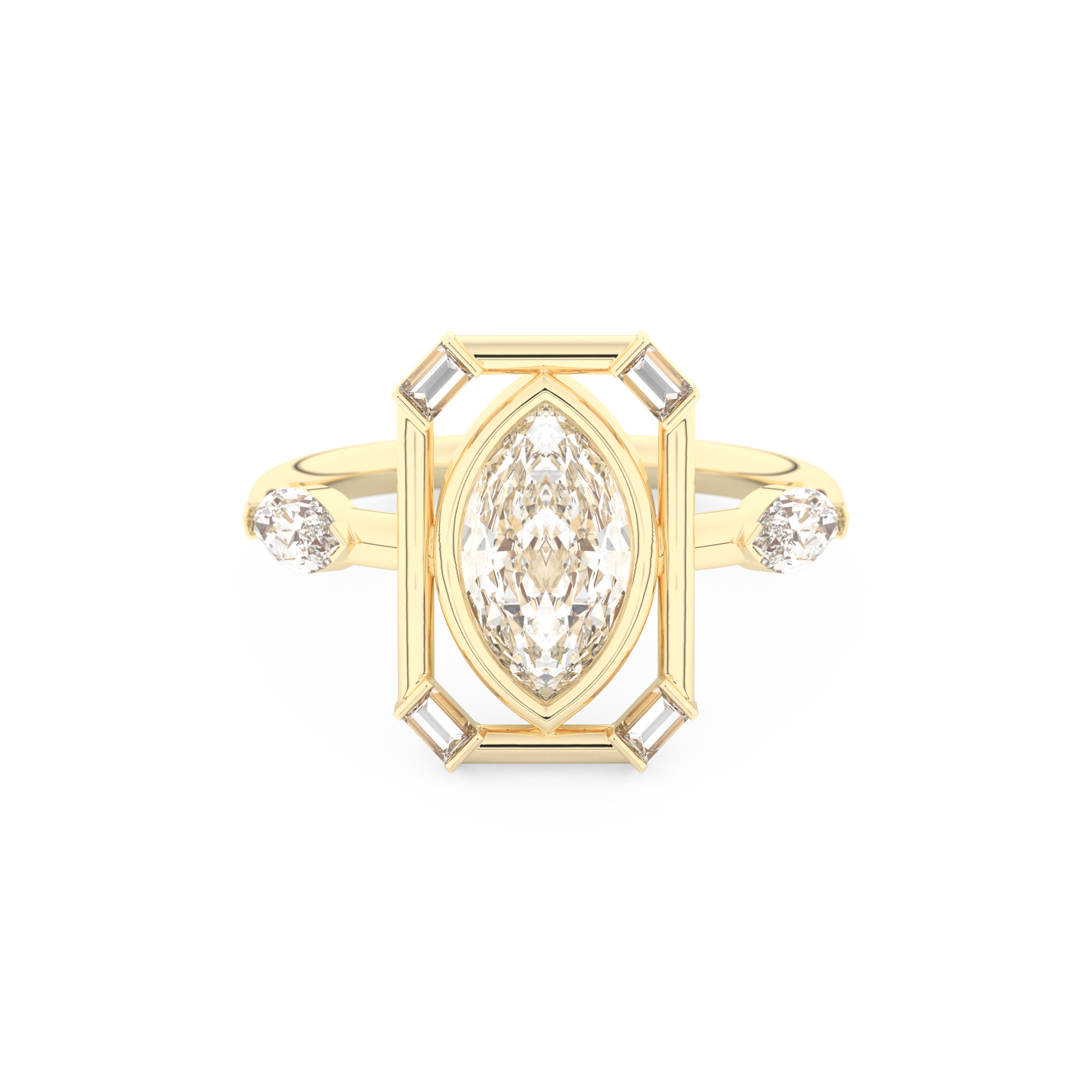 Elongated Marquise Cut 0.88 Carat Moissanite Ring – Bezel Setting in Gold