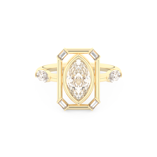 Elongated Marquise Cut 0.88 Carat Moissanite Ring – Bezel Setting in Gold