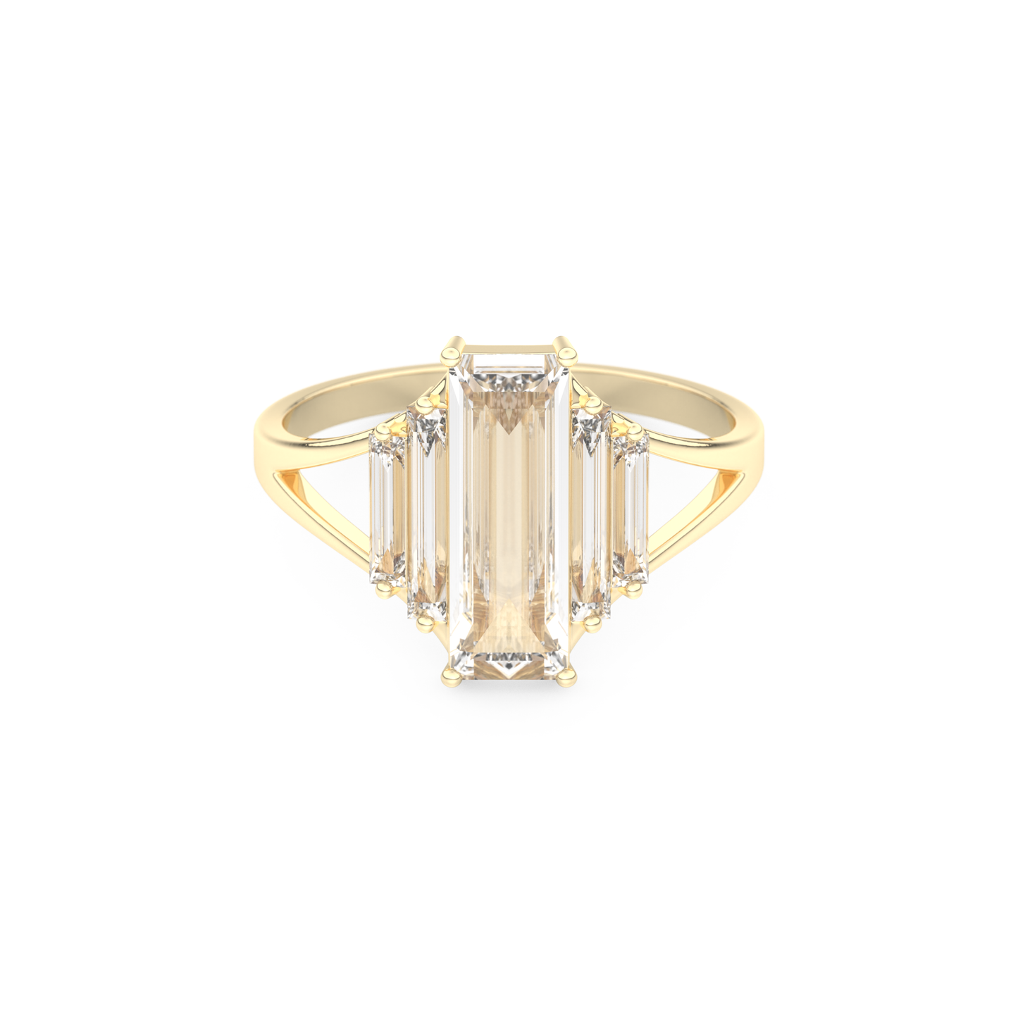 Elongated Baguette Straight Cut 1.0 Carat Moissanite Ring – Three Stones and Split Shank Setting in Gold