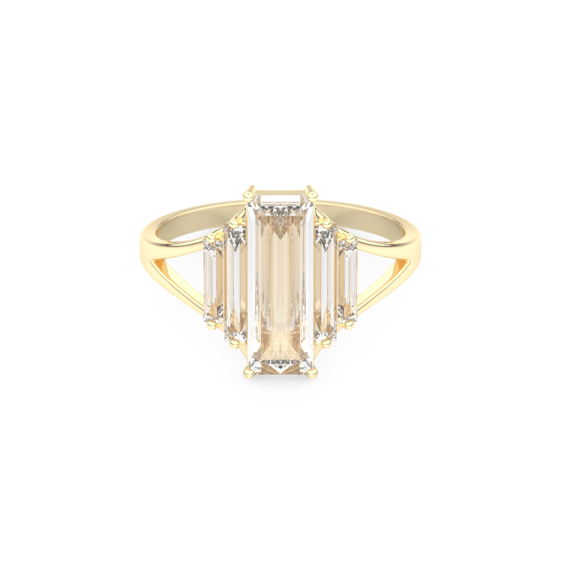 Elongated Baguette Straight Cut 1.0 Carat Moissanite Ring – Three Stones and Split Shank Setting in Gold