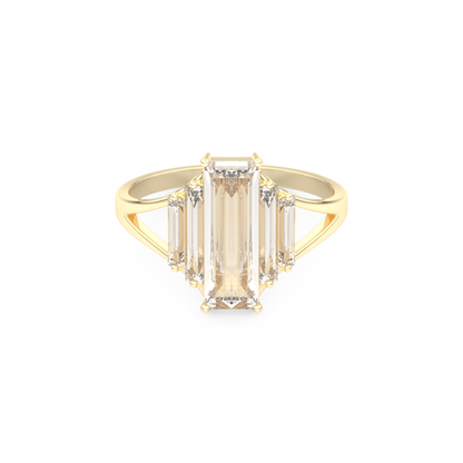 Elongated Baguette Straight Cut 1.0 Carat Moissanite Ring – Three Stones and Split Shank Setting in Gold