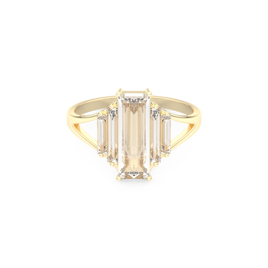 Elongated Baguette Straight Cut 1.0 Carat Moissanite Ring – Three Stones and Split Shank Setting in Gold
