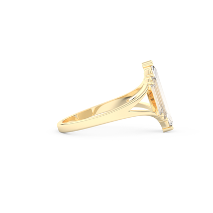 Elongated Baguette Straight Cut 1.0 Carat Moissanite Ring – Three Stones and Split Shank Setting in Gold