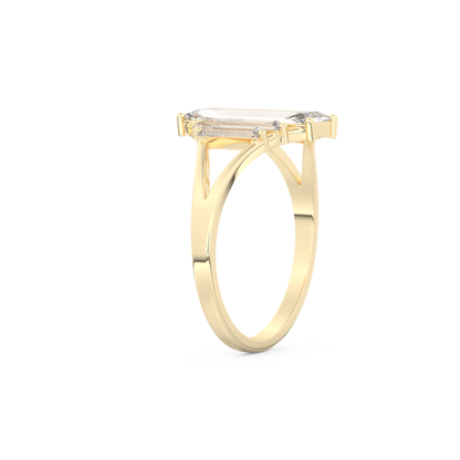 Elongated Baguette Straight Cut 1.0 Carat Moissanite Ring – Three Stones and Split Shank Setting in Gold