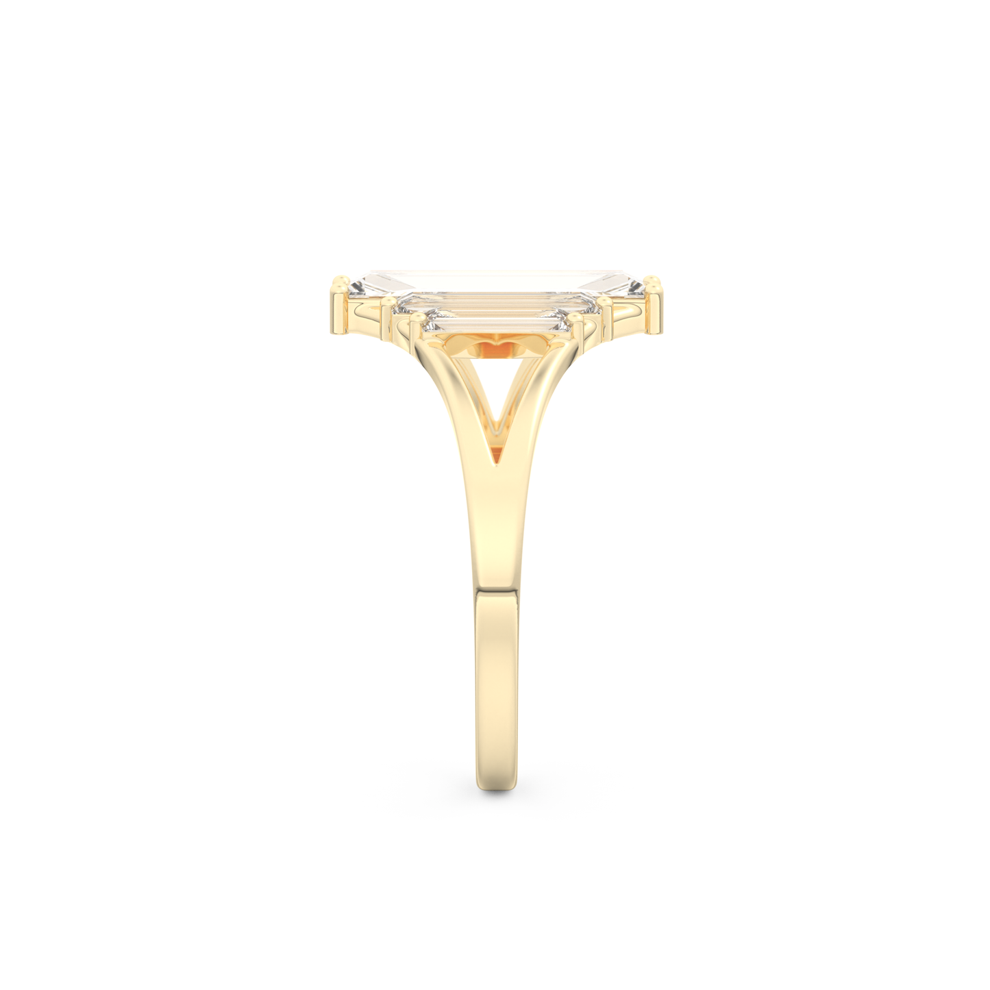 Elongated Baguette Straight Cut 1.0 Carat Moissanite Ring – Three Stones and Split Shank Setting in Gold
