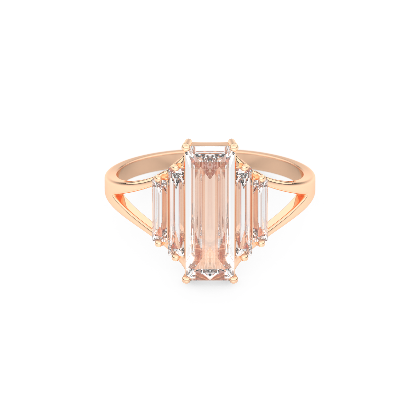 Elongated Baguette Straight Cut 1.0 Carat Moissanite Ring – Three Stones and Split Shank Setting in Gold