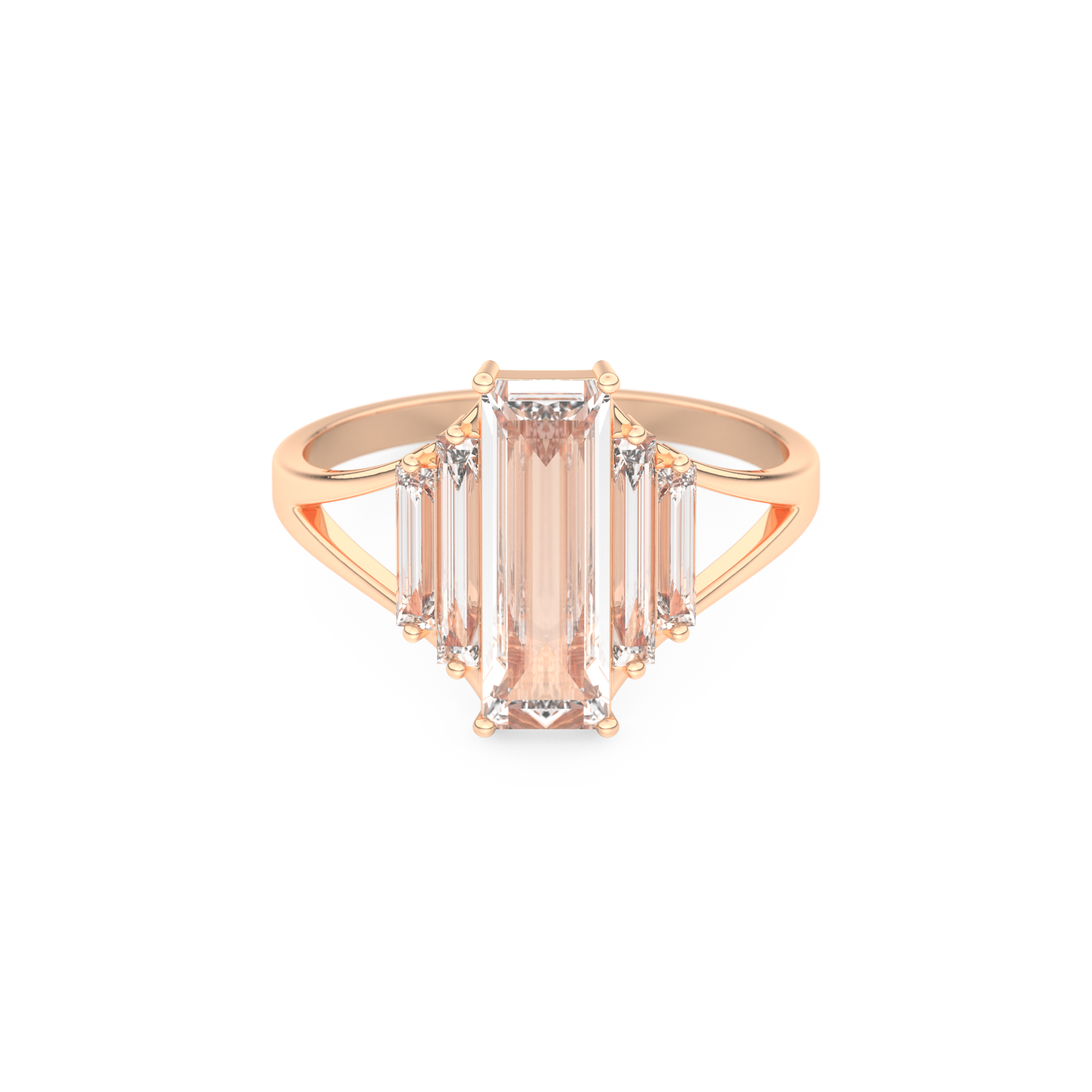 Elongated Baguette Straight Cut 1.0 Carat Moissanite Ring – Three Stones and Split Shank Setting in Gold