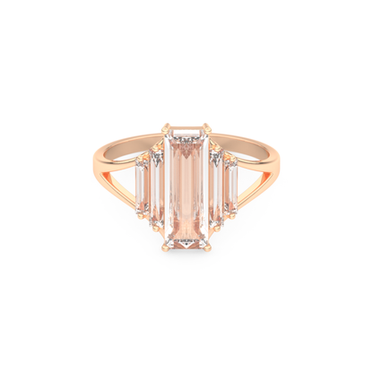 Elongated Baguette Straight Cut 1.0 Carat Moissanite Ring – Three Stones and Split Shank Setting in Gold