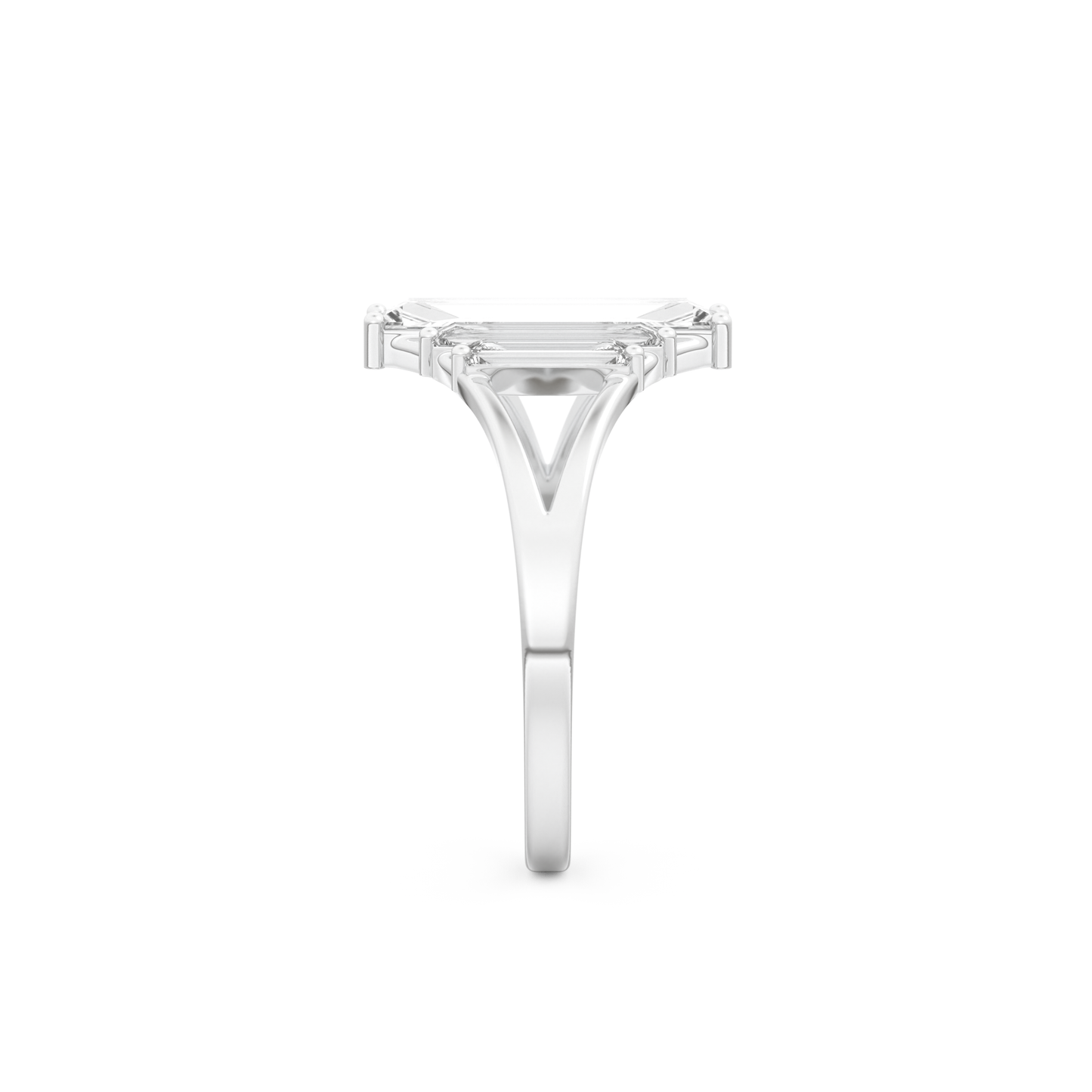 Elongated Baguette Straight Cut 1.0 Carat Moissanite Ring – Three Stones and Split Shank Setting in Gold