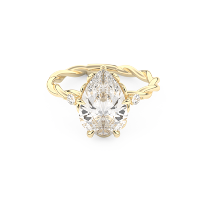 Elongated Pear Cut 2.73 Carat Moissanite Ring – Three Stones Setting in Gold