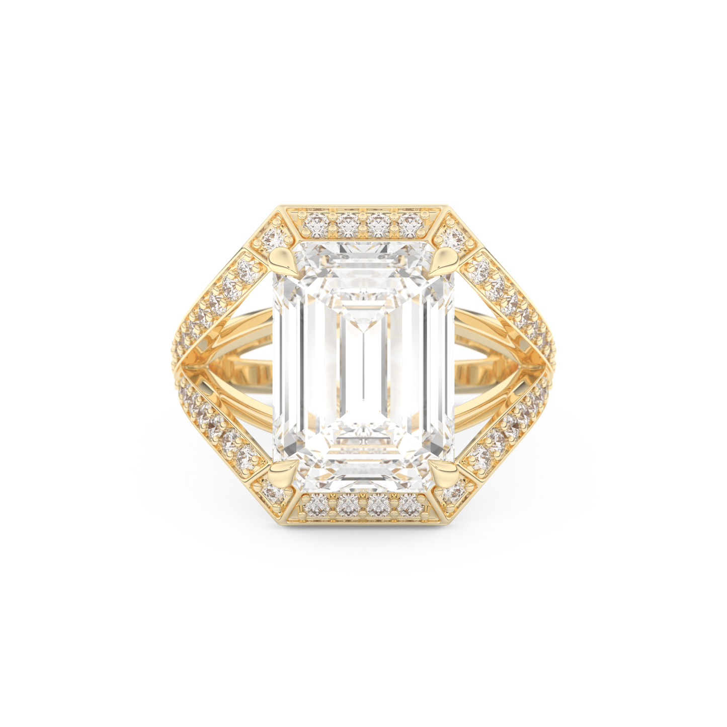 Elongated Emerald Cut 5.75 Carat Moissanite Ring – Split Shank & Pave Setting in Gold