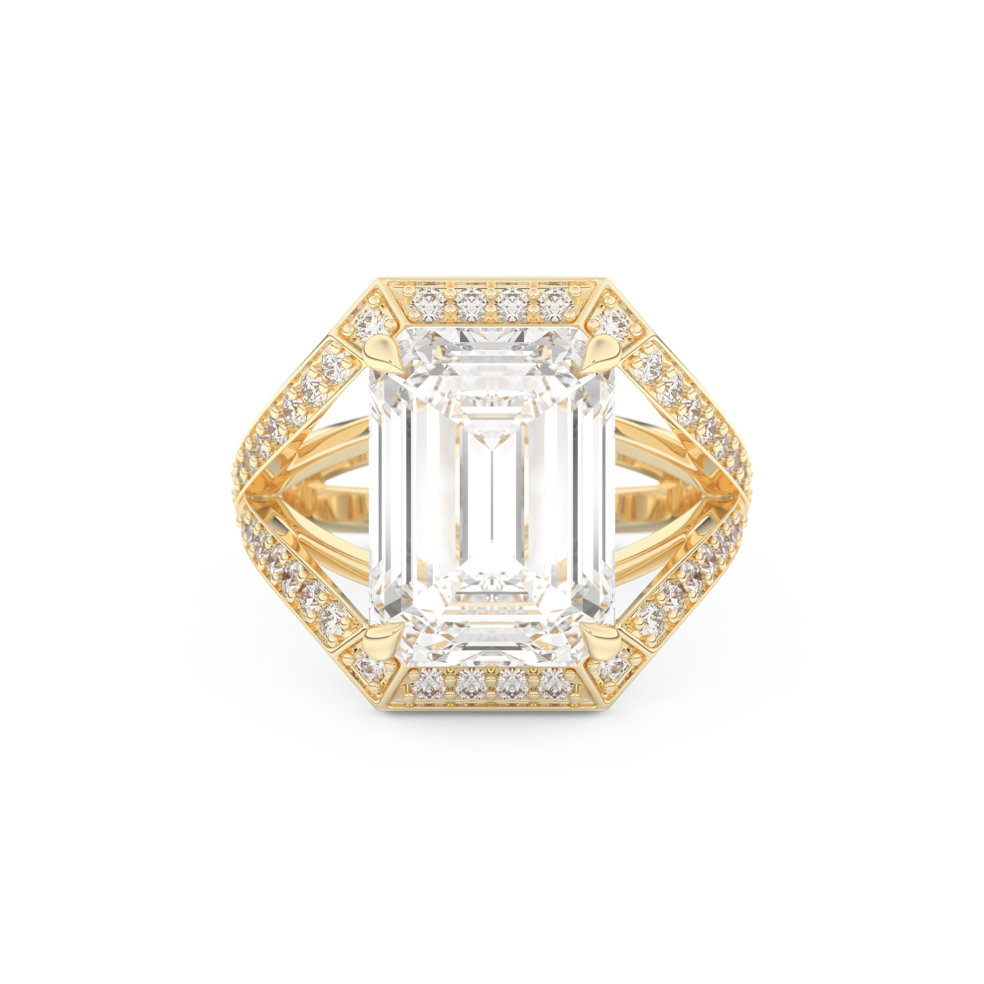 Elongated Emerald Cut 5.75 Carat Moissanite Ring – Split Shank & Pave Setting in Gold