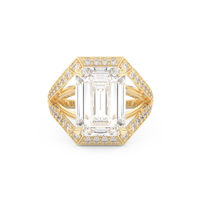 Elongated Emerald Cut 5.75 Carat Moissanite Ring – Split Shank & Pave Setting in Gold