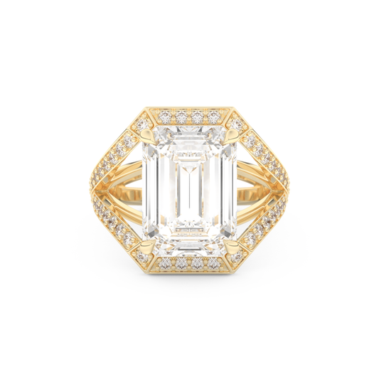 Elongated Emerald Cut 5.75 Carat Moissanite Ring – Split Shank & Pave Setting in Gold