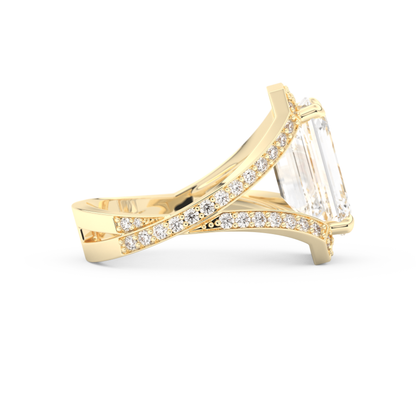Elongated Emerald Cut 5.75 Carat Moissanite Ring – Split Shank & Pave Setting in Gold