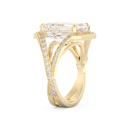 Elongated Emerald Cut 5.75 Carat Moissanite Ring – Split Shank & Pave Setting in Gold