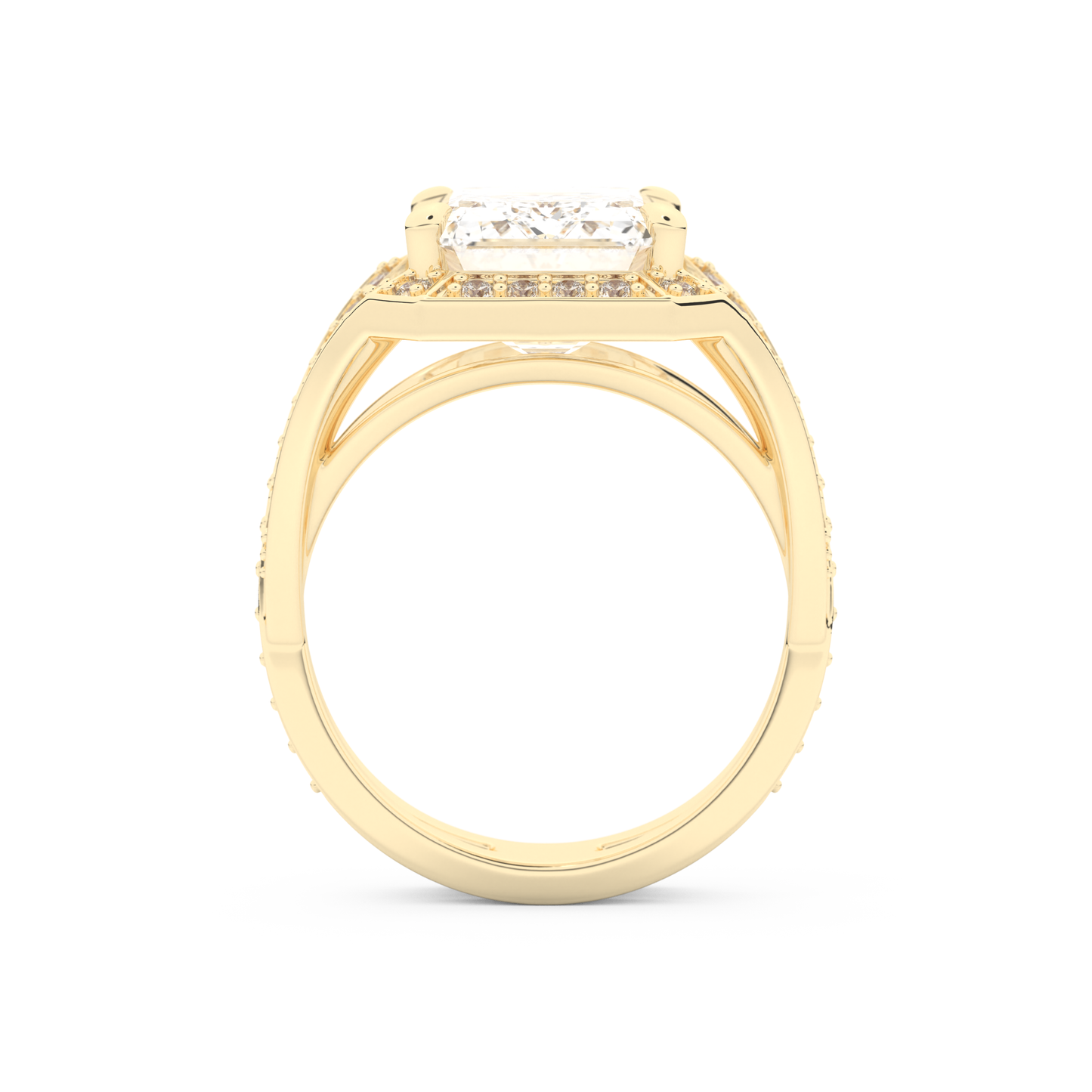 Elongated Emerald Cut 5.75 Carat Moissanite Ring – Split Shank & Pave Setting in Gold