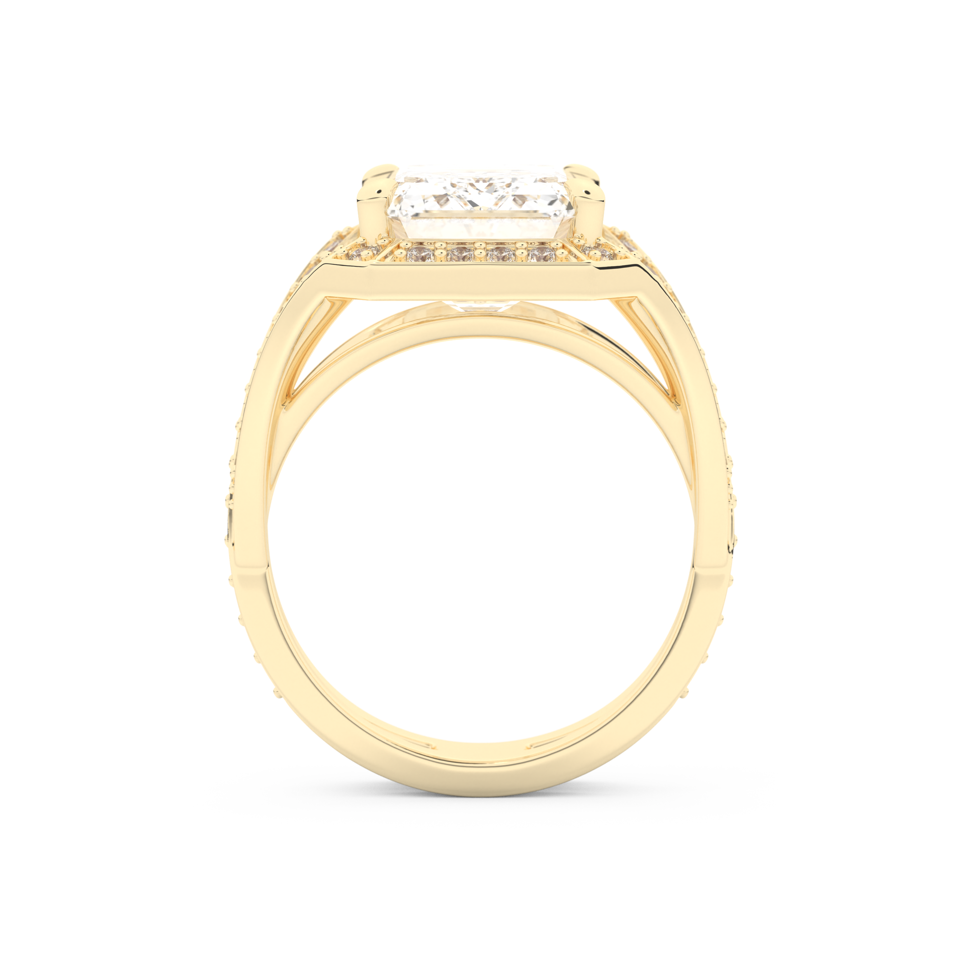 Elongated Emerald Cut 5.75 Carat Moissanite Ring – Split Shank & Pave Setting in Gold