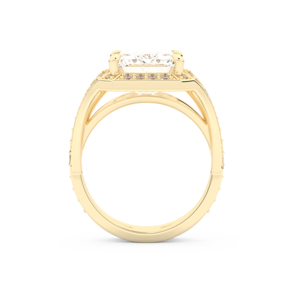 Elongated Emerald Cut 5.75 Carat Moissanite Ring – Split Shank & Pave Setting in Gold