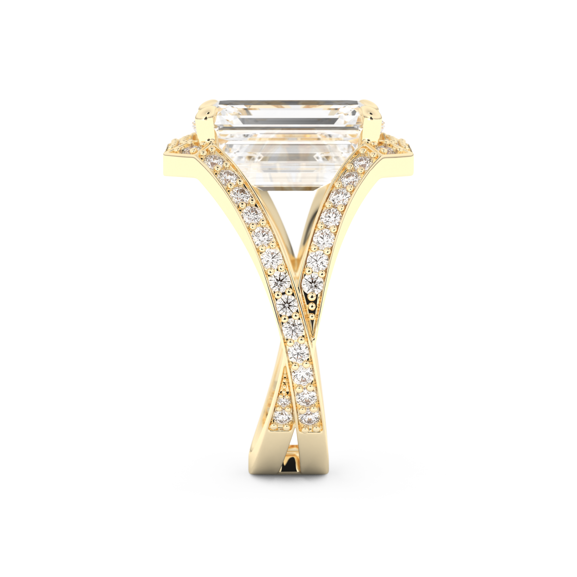 Elongated Emerald Cut 5.75 Carat Moissanite Ring – Split Shank & Pave Setting in Gold