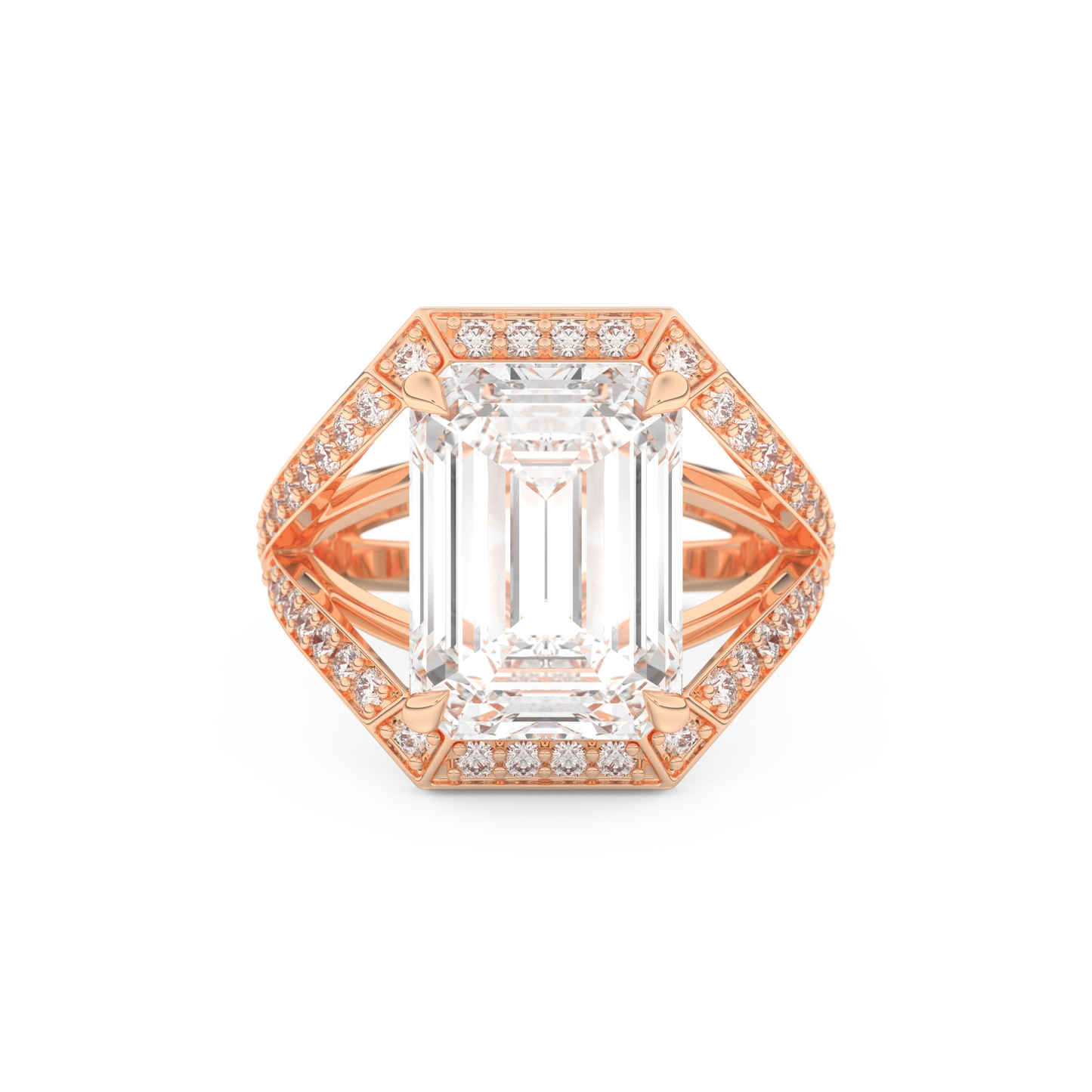 Elongated Emerald Cut 5.75 Carat Moissanite Ring – Split Shank & Pave Setting in Gold