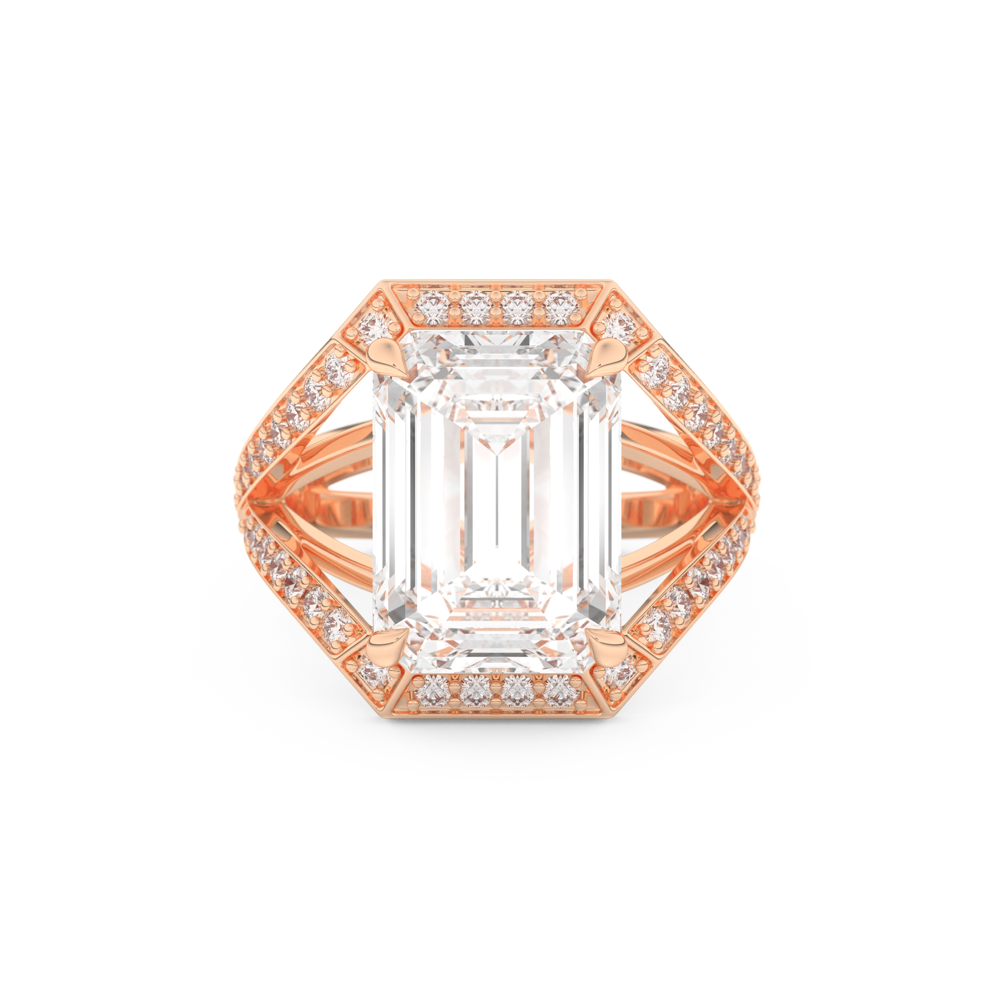 Elongated Emerald Cut 5.75 Carat Moissanite Ring – Split Shank & Pave Setting in Gold