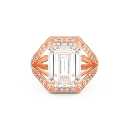 Elongated Emerald Cut 5.75 Carat Moissanite Ring – Split Shank & Pave Setting in Gold