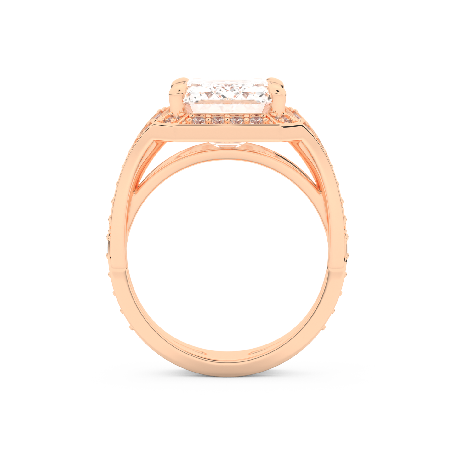 Elongated Emerald Cut 5.75 Carat Moissanite Ring – Split Shank & Pave Setting in Gold