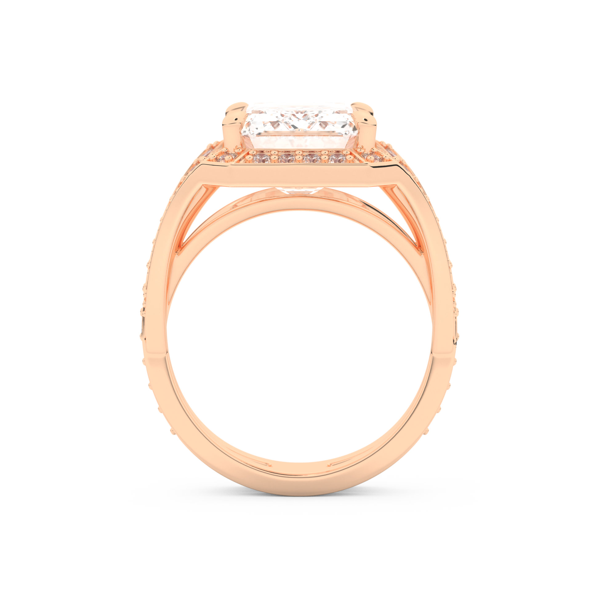 Elongated Emerald Cut 5.75 Carat Moissanite Ring – Split Shank & Pave Setting in Gold