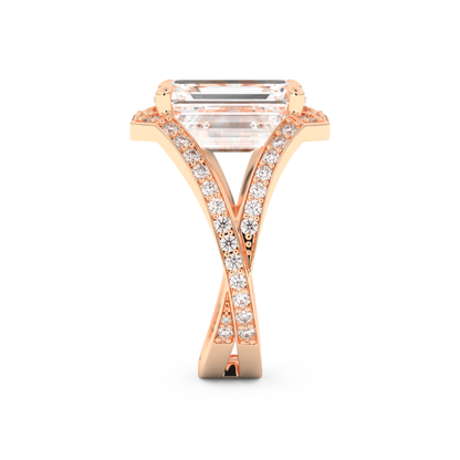 Elongated Emerald Cut 5.75 Carat Moissanite Ring – Split Shank & Pave Setting in Gold