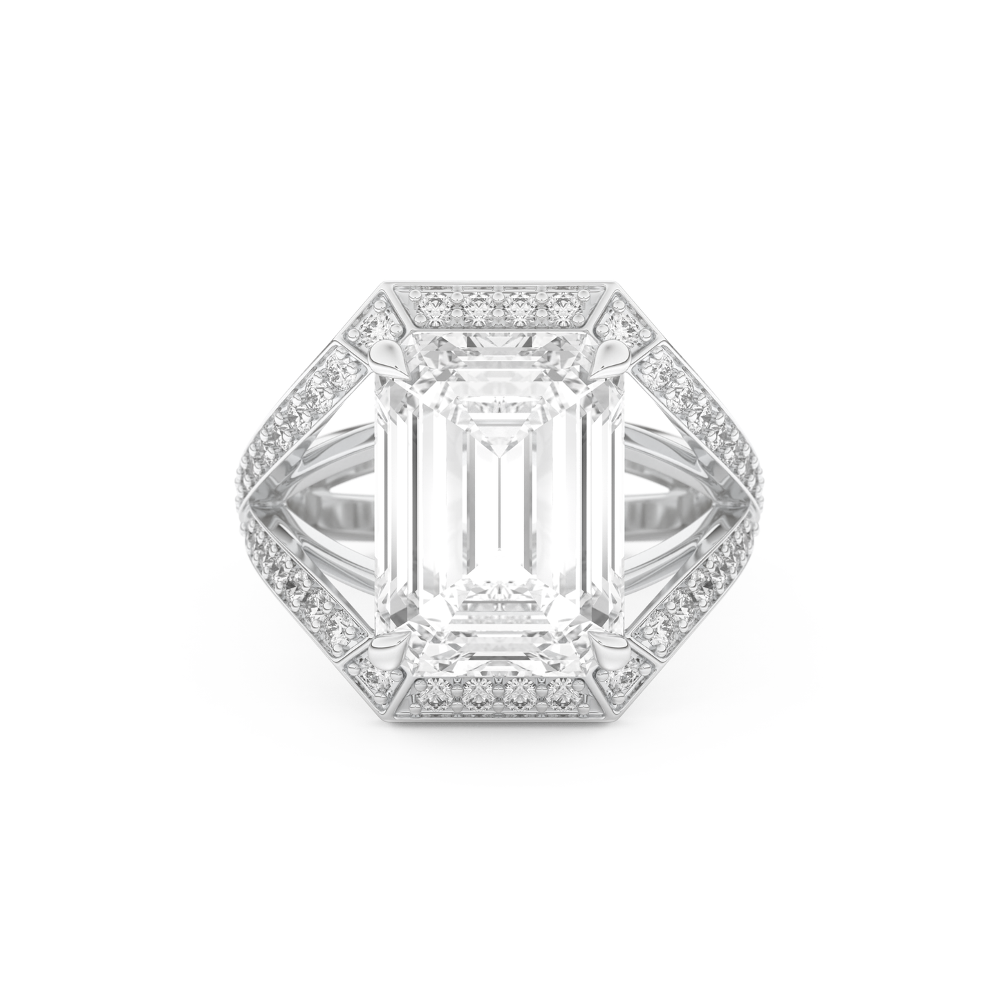 Elongated Emerald Cut 5.75 Carat Moissanite Ring – Split Shank & Pave Setting in Gold