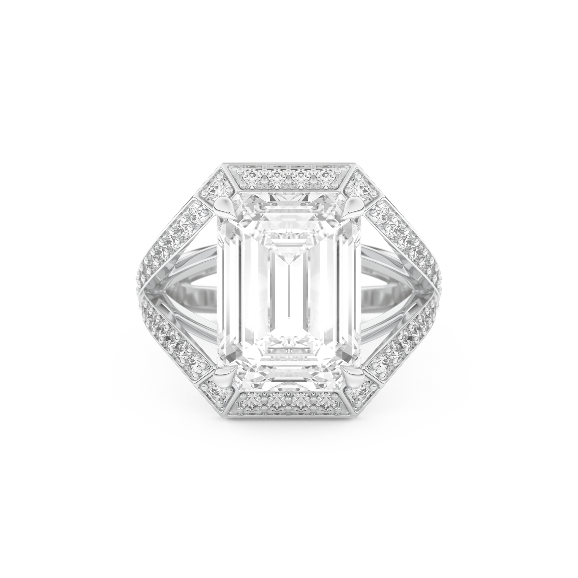 Elongated Emerald Cut 5.75 Carat Moissanite Ring – Split Shank & Pave Setting in Gold