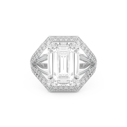 Elongated Emerald Cut 5.75 Carat Moissanite Ring – Split Shank & Pave Setting in Gold