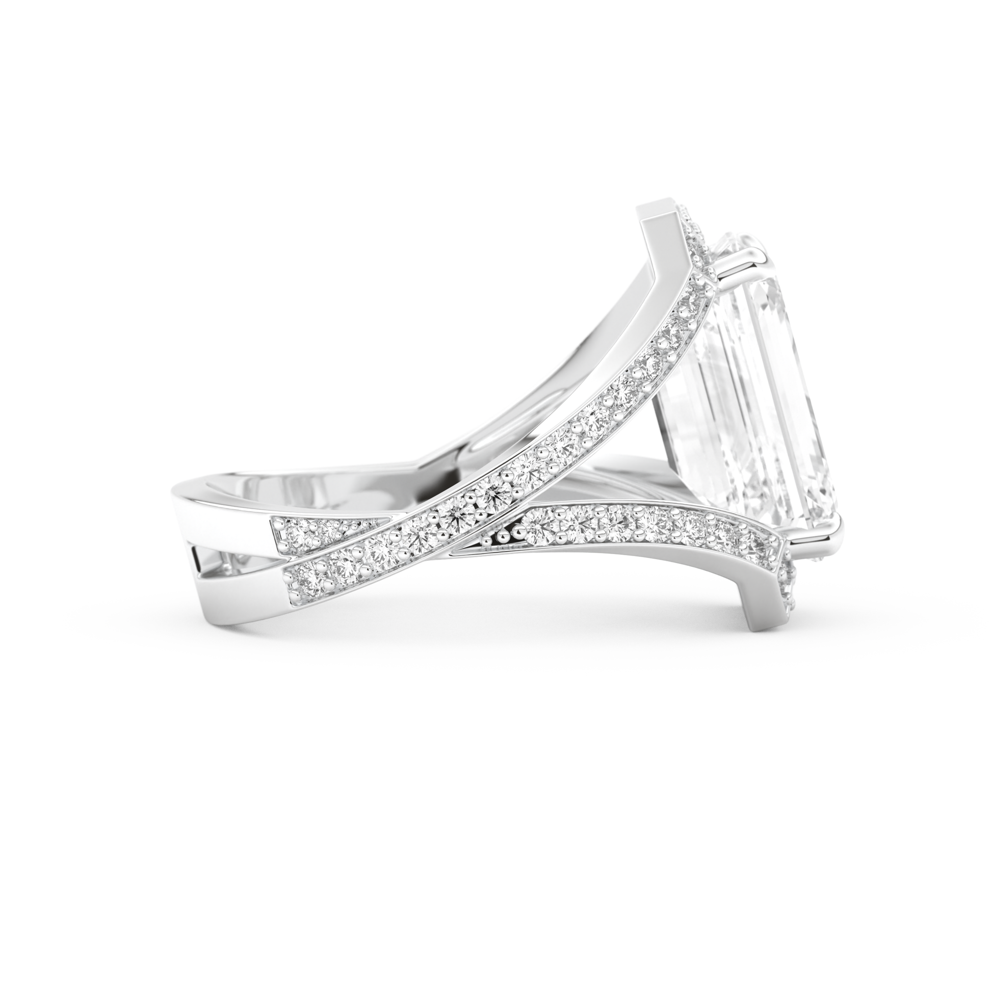 Elongated Emerald Cut 5.75 Carat Moissanite Ring – Split Shank & Pave Setting in Gold
