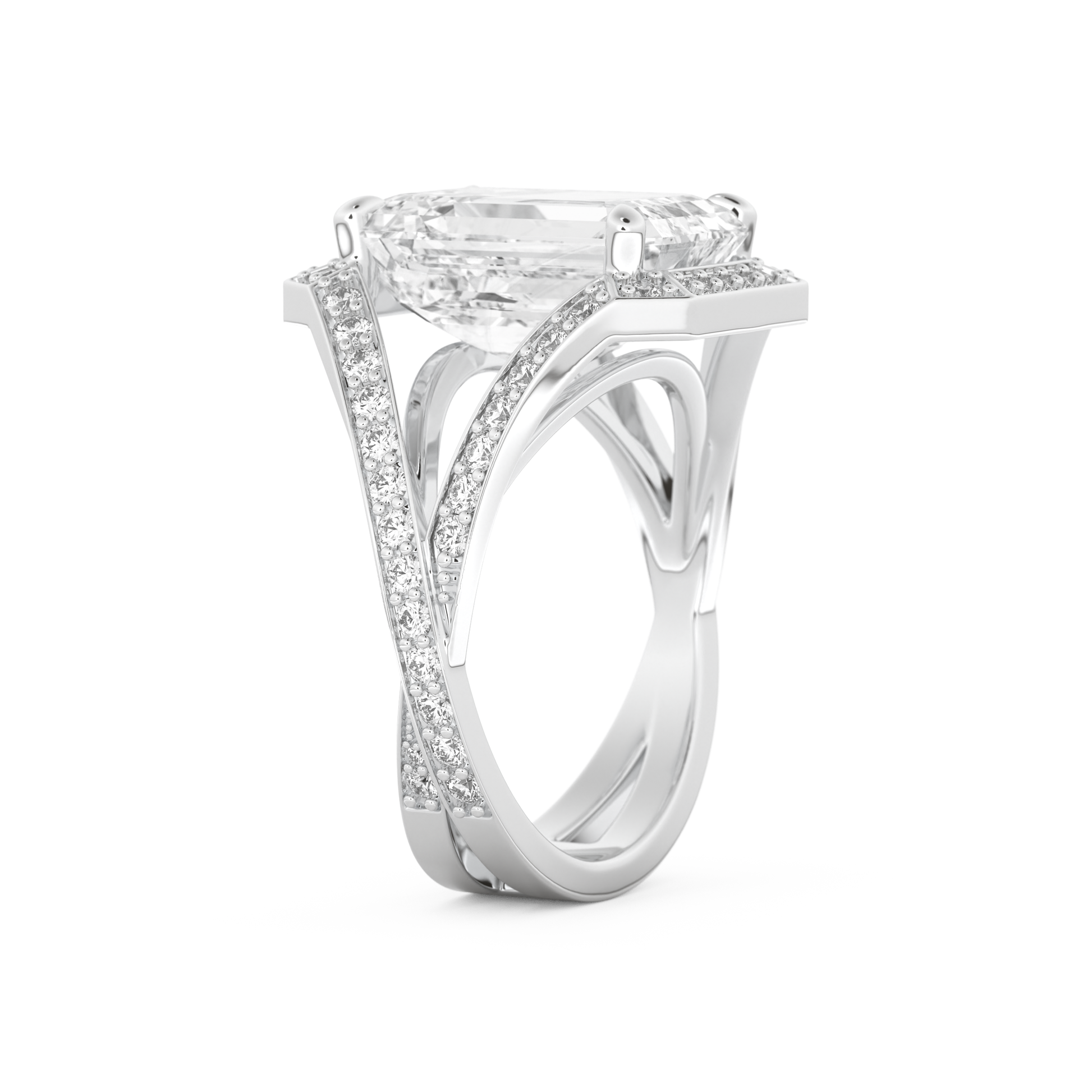 Elongated Emerald Cut 5.75 Carat Moissanite Ring – Split Shank & Pave Setting in Gold