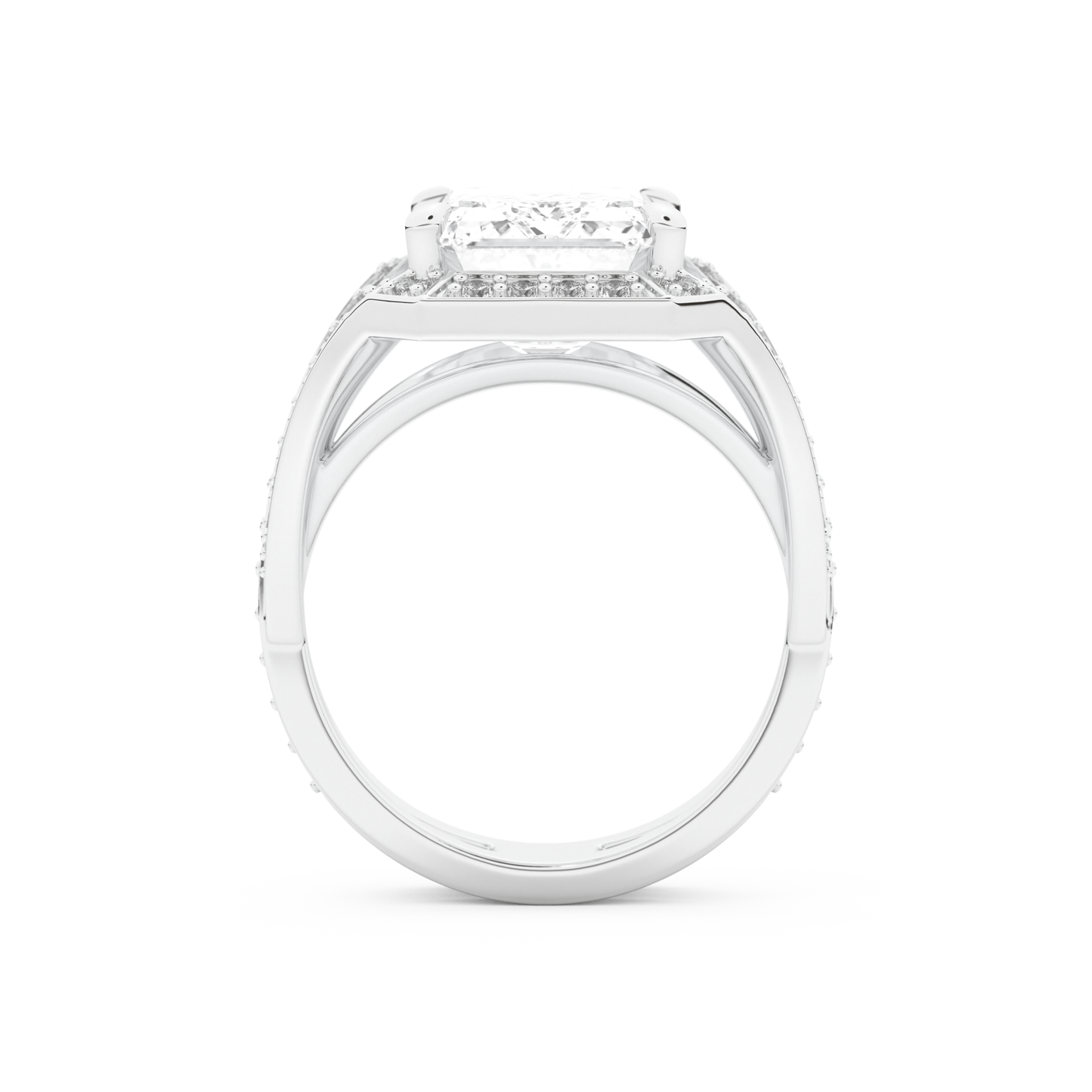 Elongated Emerald Cut 5.75 Carat Moissanite Ring – Split Shank & Pave Setting in Gold
