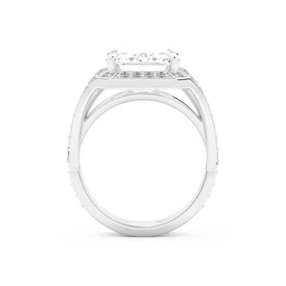 Elongated Emerald Cut 5.75 Carat Moissanite Ring – Split Shank & Pave Setting in Gold