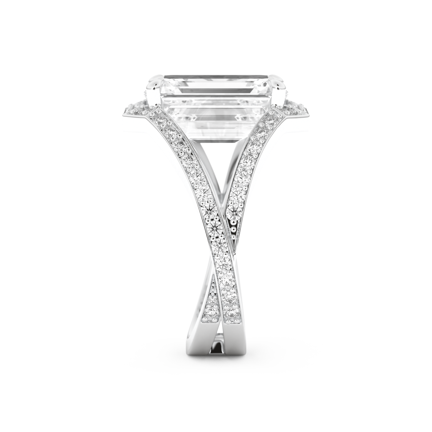 Elongated Emerald Cut 5.75 Carat Moissanite Ring – Split Shank & Pave Setting in Gold