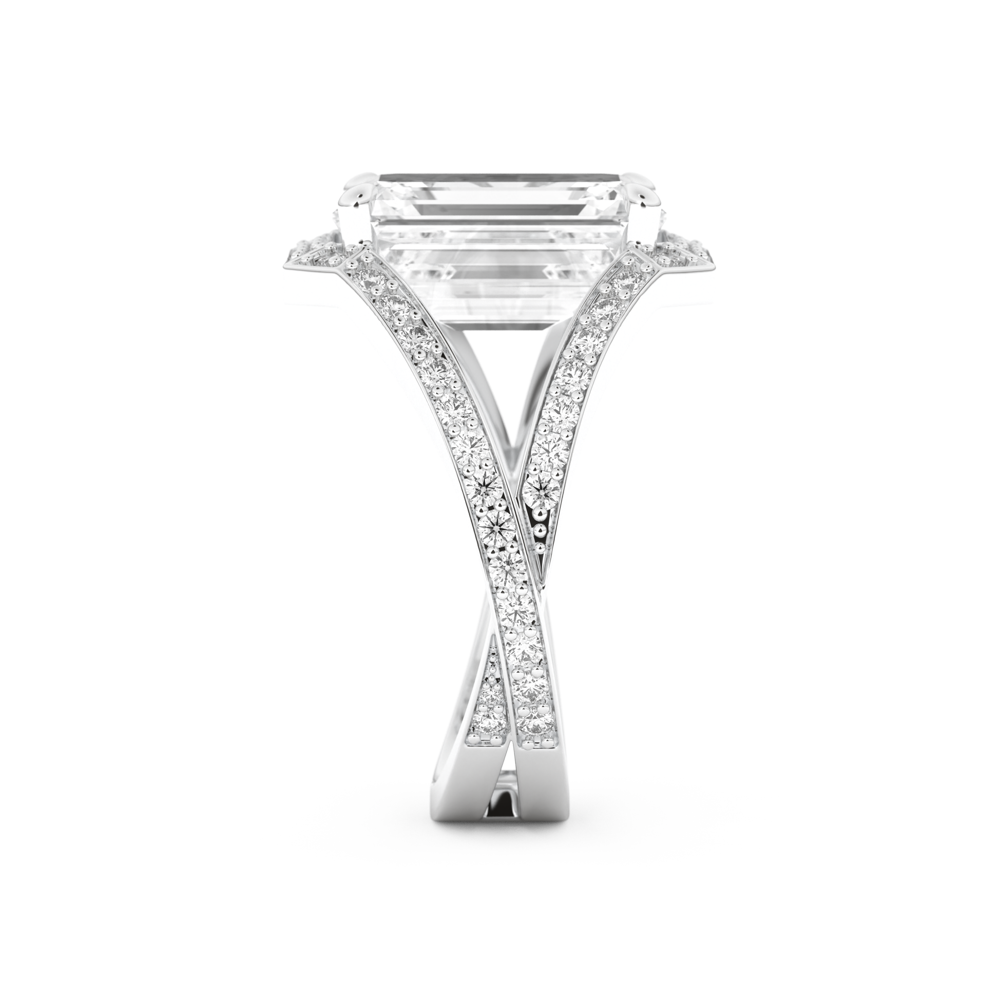Elongated Emerald Cut 5.75 Carat Moissanite Ring – Split Shank & Pave Setting in Gold