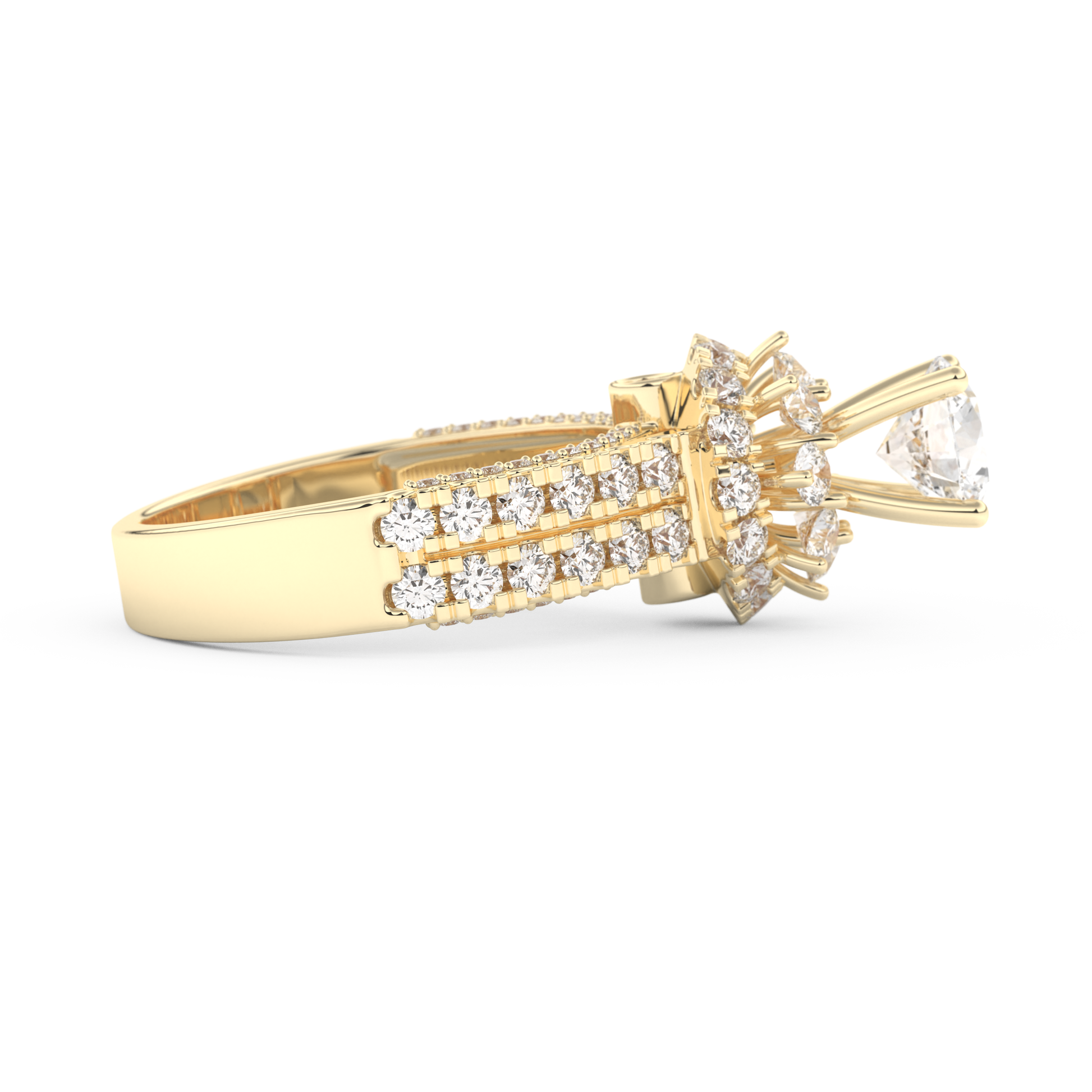 Elongated Round Cut 0.81 Carat Moissanite Ring – Halo & Pave Setting in Gold